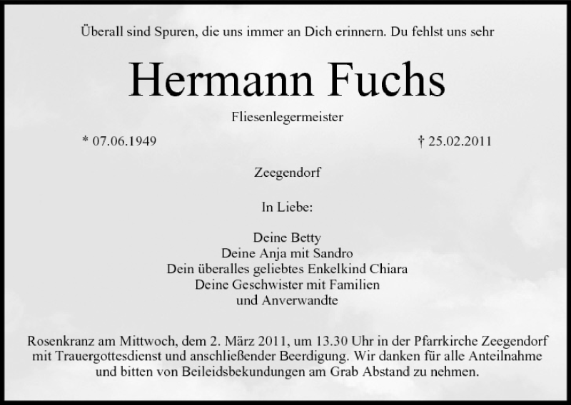  Traueranzeige für Hermann Fuchs vom 28.02.2011 aus MGO