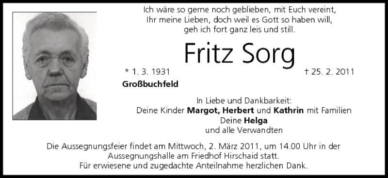  Traueranzeige für Fritz Sorg vom 28.02.2011 aus MGO