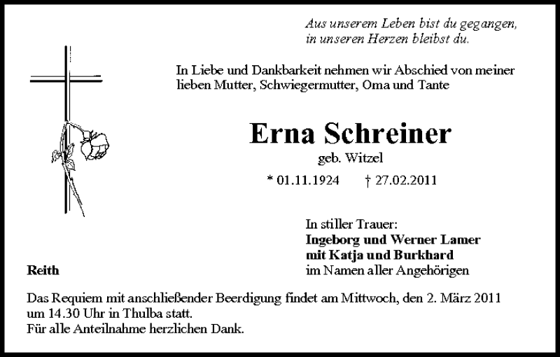  Traueranzeige für Erna Schreiner vom 01.03.2011 aus MGO