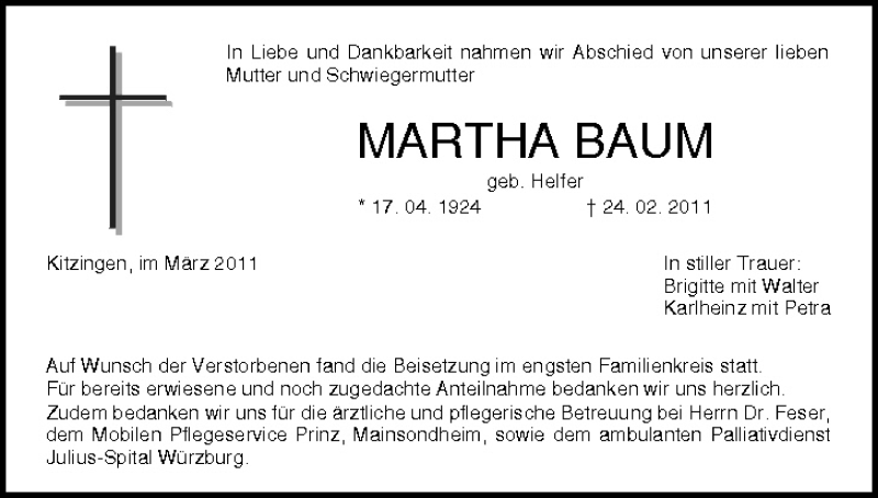  Traueranzeige für Martha Baum vom 18.03.2011 aus MGO