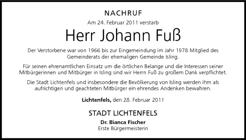  Traueranzeige für Johann Fuß vom 01.03.2011 aus MGO