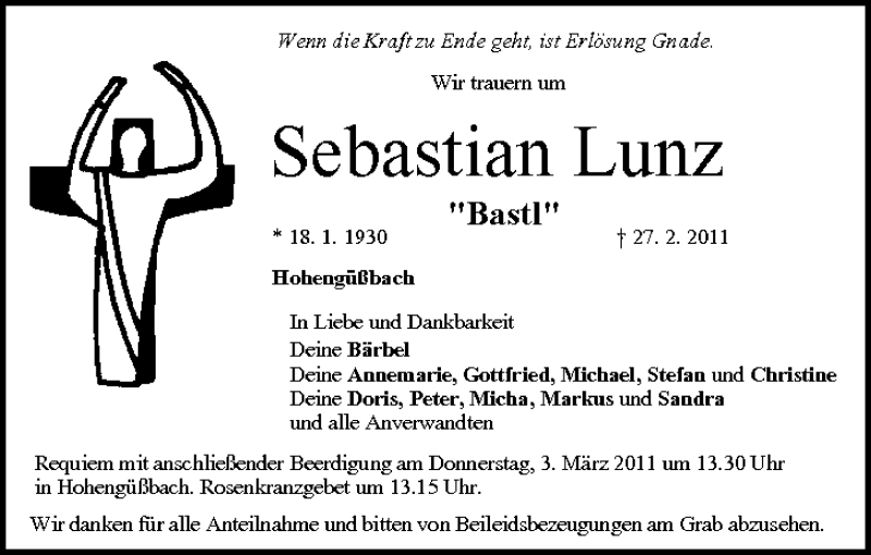  Traueranzeige für Sebastian Lunz vom 01.03.2011 aus MGO