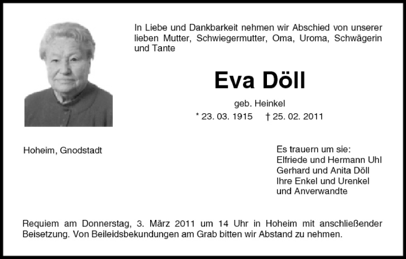  Traueranzeige für Eva Döll vom 01.03.2011 aus MGO