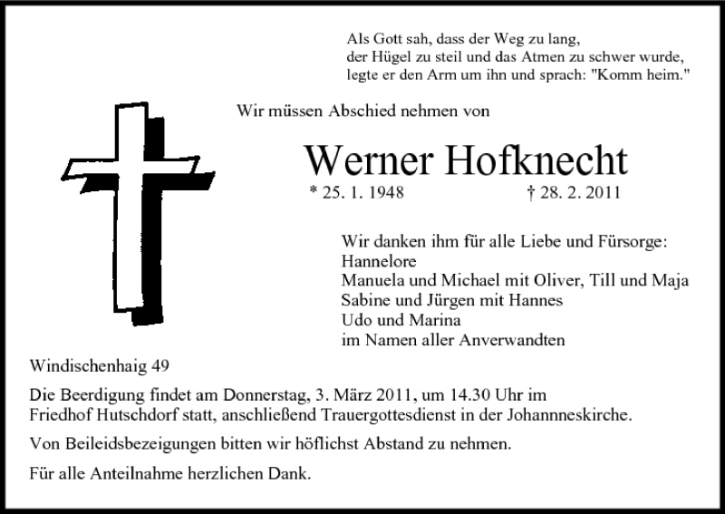  Traueranzeige für Werner Hofknecht vom 01.03.2011 aus MGO