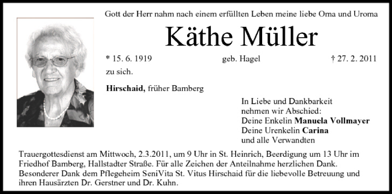  Traueranzeige für Käthe Müller vom 01.03.2011 aus MGO