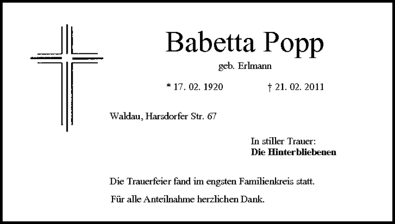  Traueranzeige für Babetta Popp vom 02.03.2011 aus MGO