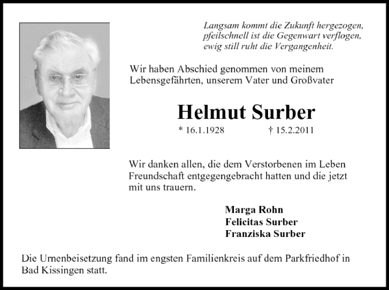  Traueranzeige für Helmut Surber vom 05.03.2011 aus MGO