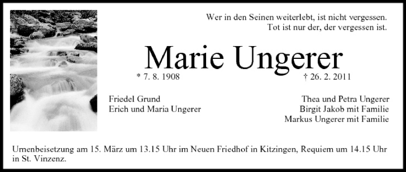  Traueranzeige für Marie Ungerer vom 02.03.2011 aus MGO