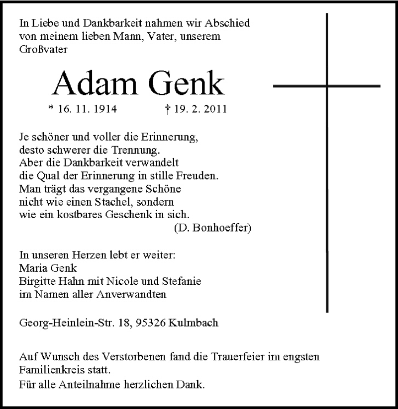 Traueranzeige für Adam Genk vom 05.03.2011 aus MGO
