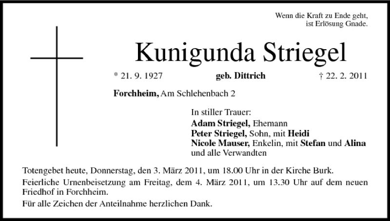  Traueranzeige für Kunigunda Striegel vom 03.03.2011 aus MGO