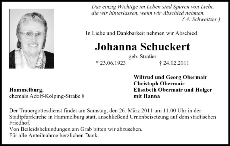  Traueranzeige für Johanna Schuckert vom 19.03.2011 aus MGO