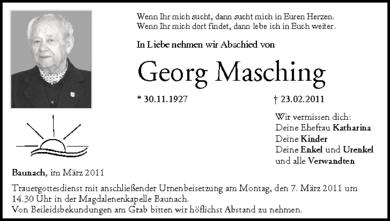 Traueranzeige für Georg Masching vom 04.03.2011 aus MGO