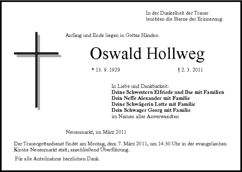  Traueranzeige für Oswald Hollweg vom 05.03.2011 aus MGO