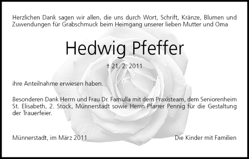  Traueranzeige für Hedwig Pfeffer vom 12.03.2011 aus MGO