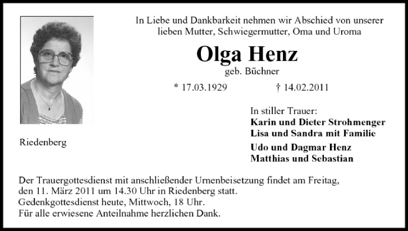  Traueranzeige für Olga Henz vom 09.03.2011 aus MGO