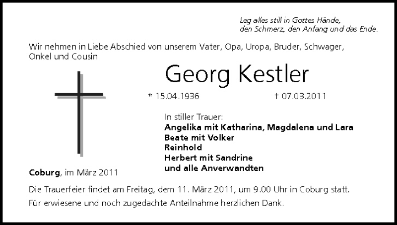  Traueranzeige für Georg Kestler vom 09.03.2011 aus MGO