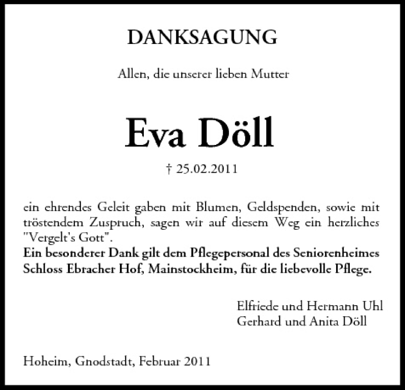  Traueranzeige für Eva Döll vom 09.03.2011 aus MGO