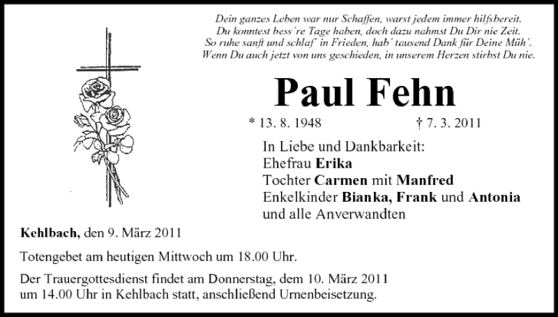  Traueranzeige für Paul Fehn vom 09.03.2011 aus MGO