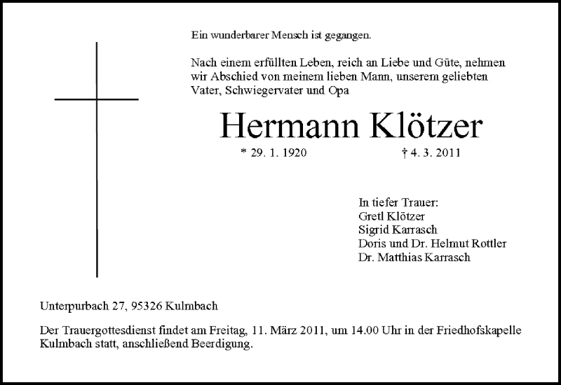  Traueranzeige für Hermann Klötzer vom 09.03.2011 aus MGO