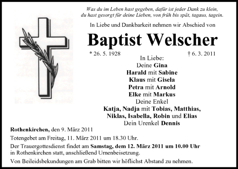  Traueranzeige für Baptist Welscher vom 09.03.2011 aus MGO