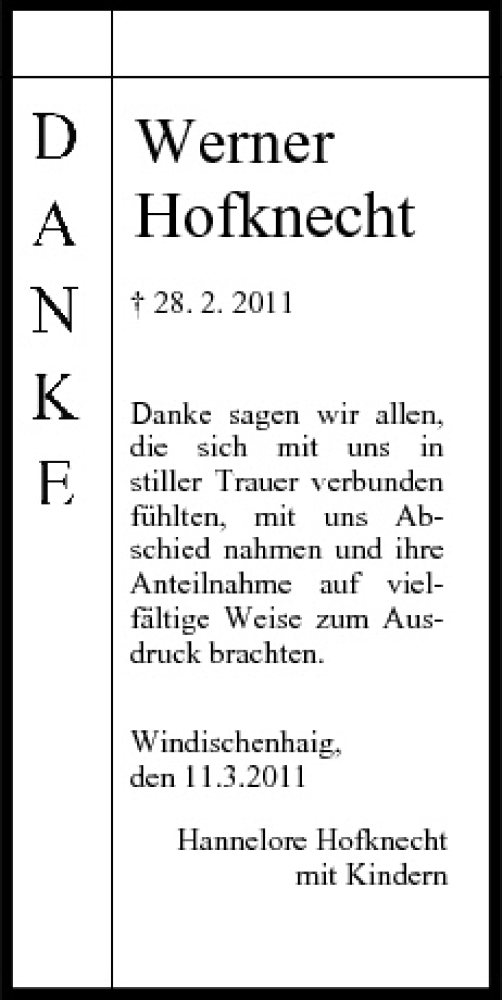  Traueranzeige für Werner Hofknecht vom 11.03.2011 aus MGO