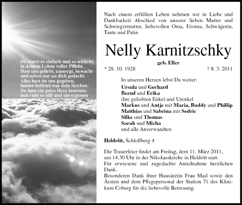  Traueranzeige für Nelly Karnitzschky vom 10.03.2011 aus MGO