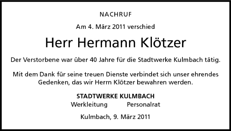  Traueranzeige für Hermann Klötzer vom 10.03.2011 aus MGO