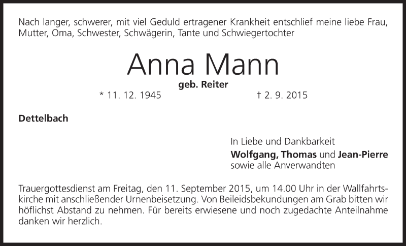  Traueranzeige für Anna Mann vom 08.09.2015 aus MGO