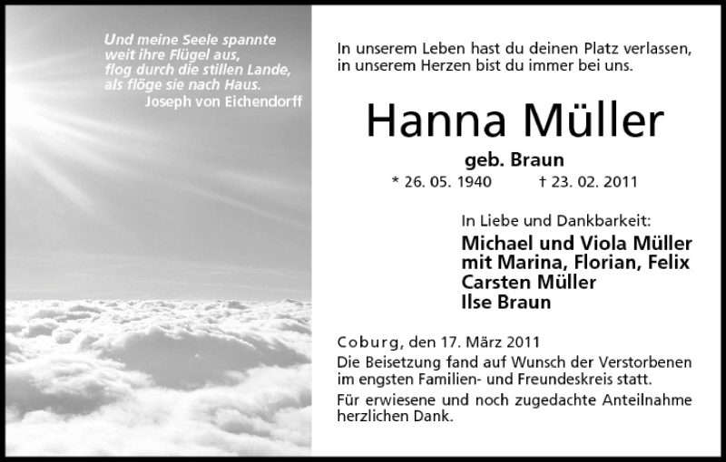  Traueranzeige für Hanna Müller vom 17.03.2011 aus MGO