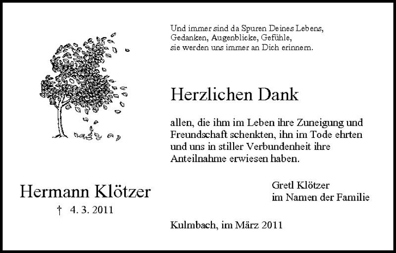  Traueranzeige für Hermann Klötzer vom 19.03.2011 aus MGO