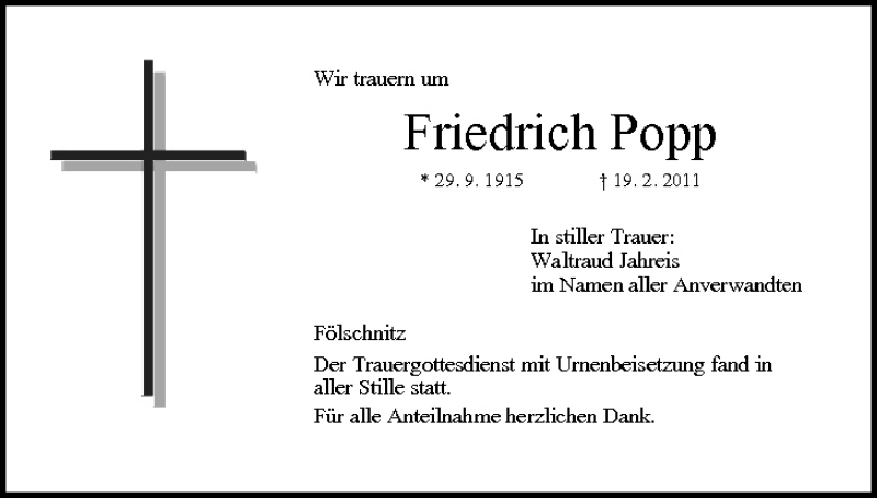  Traueranzeige für Friedrich Popp vom 30.03.2011 aus MGO