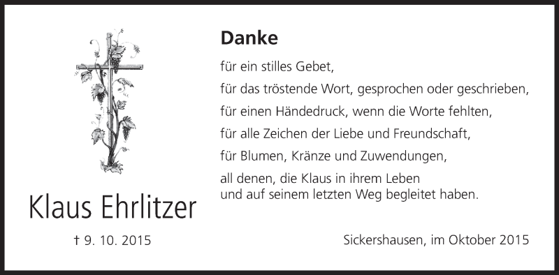  Traueranzeige für Klaus Ehrlitzer vom 17.10.2015 aus MGO