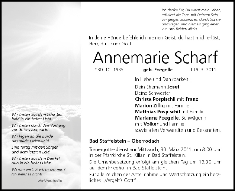  Traueranzeige für Annemarie Scharf vom 28.03.2011 aus MGO