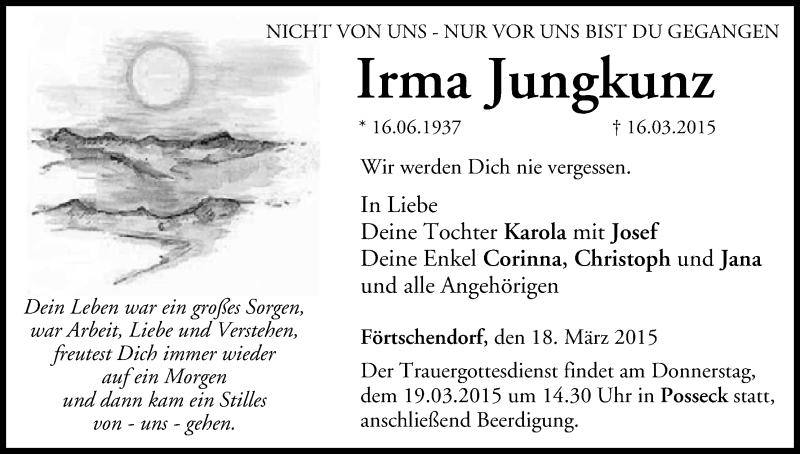  Traueranzeige für Irma Jungkunz vom 18.03.2015 aus MGO