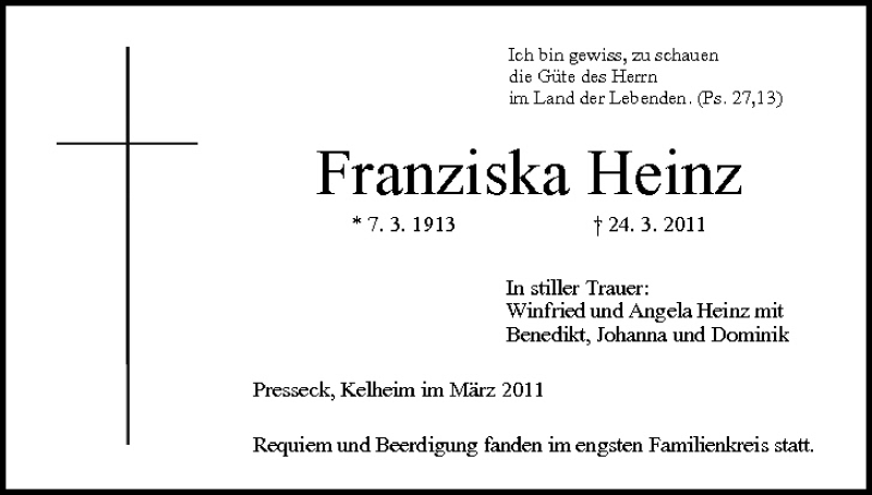 Franziska Heinz | Traueranzeige | trauer.inFranken.de