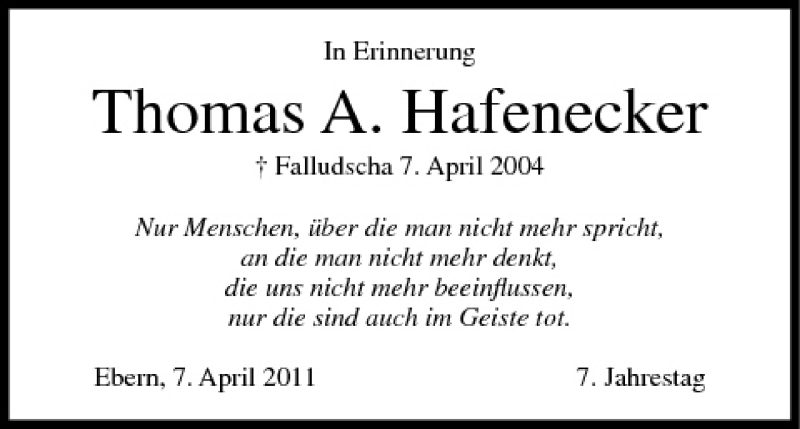  Traueranzeige für Thomas A. Hafenecker vom 07.04.2011 aus MGO