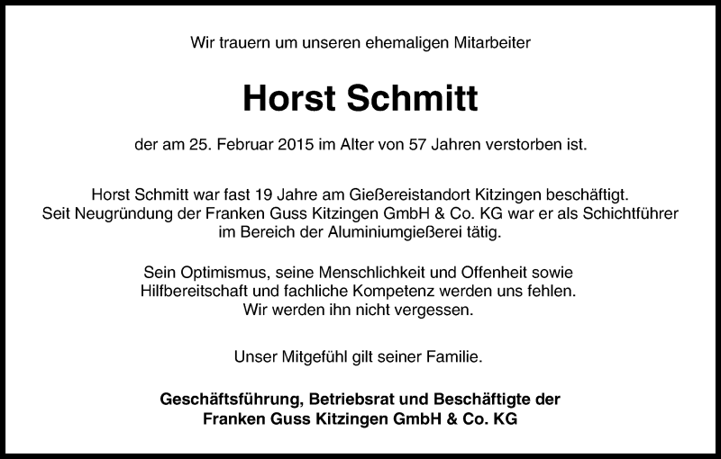  Traueranzeige für Horst Schmitt vom 07.03.2015 aus MGO