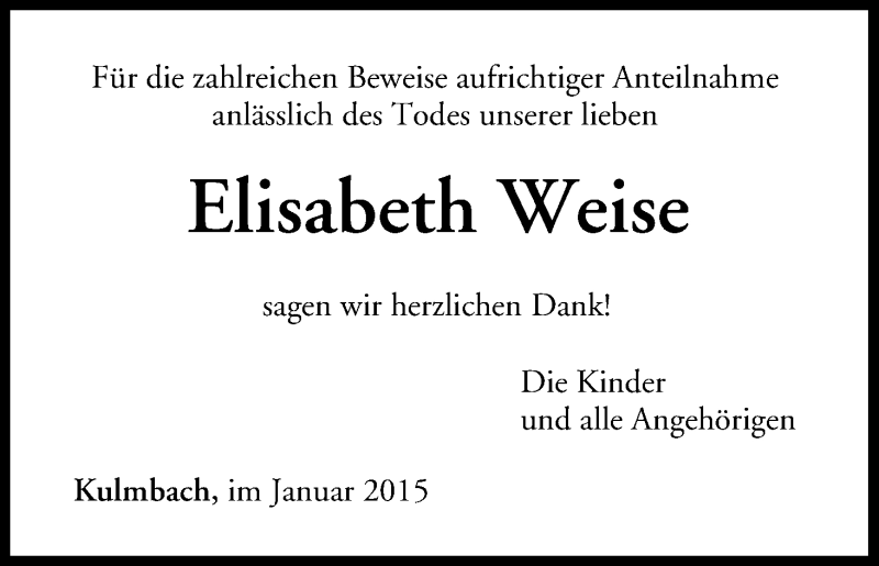  Traueranzeige für Elisabeth Weise vom 17.01.2015 aus MGO