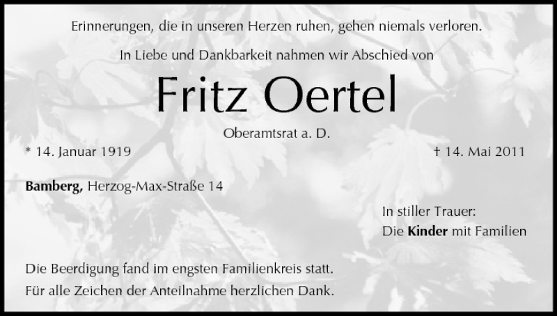  Traueranzeige für Fritz Oertel vom 21.05.2011 aus MGO
