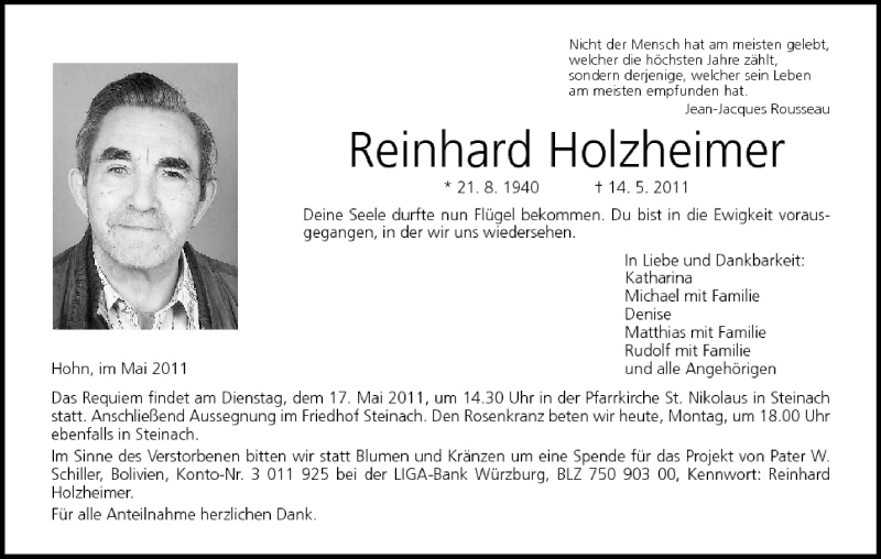  Traueranzeige für Reinhard Holzheimer vom 16.05.2011 aus MGO
