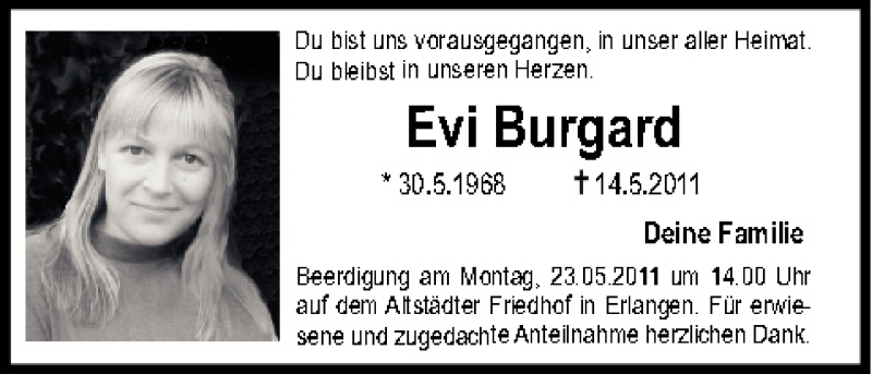  Traueranzeige für Evi Burgard vom 21.05.2011 aus MGO