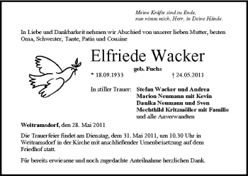 Anzeige von Elfriede Wacker von MGO