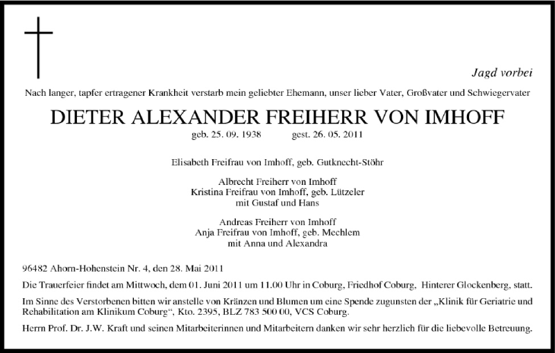  Traueranzeige für Dieter Alexander Freiherr von Imhoff vom 28.05.2011 aus MGO