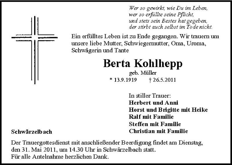  Traueranzeige für Berta Kohlhepp vom 28.05.2011 aus MGO