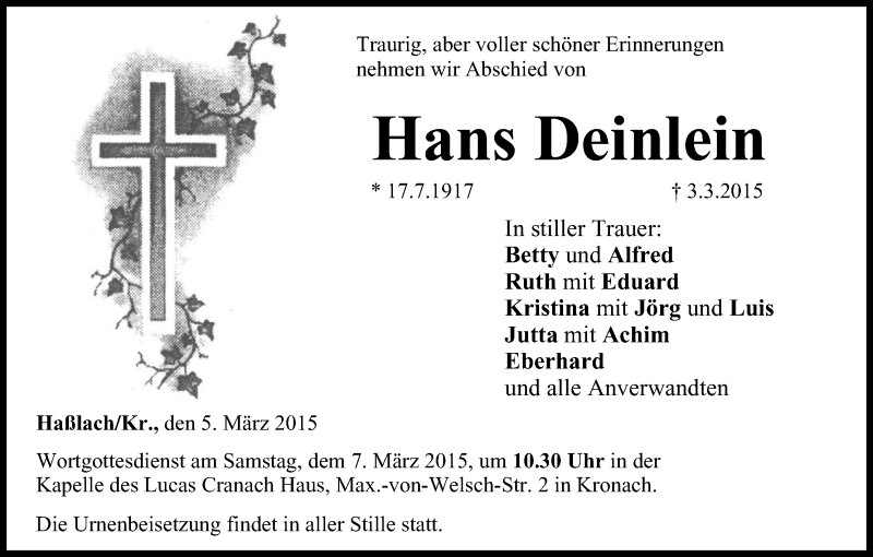  Traueranzeige für Hans Deinlein vom 05.03.2015 aus MGO