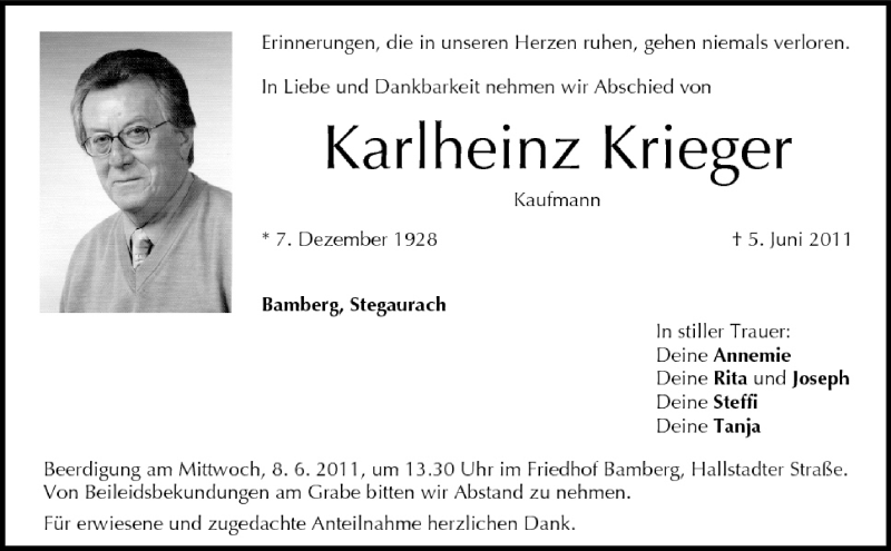 Karlheinz Krieger | Traueranzeige | trauer.inFranken.de