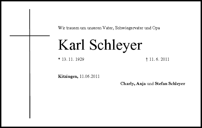  Traueranzeige für Karl Schleyer vom 15.06.2011 aus MGO