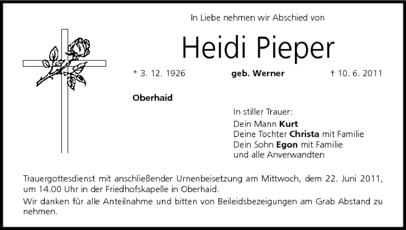  Traueranzeige für Heidi Pieper vom 18.06.2011 aus MGO