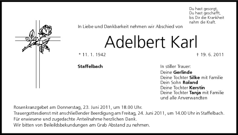  Traueranzeige für Adelbert Karl vom 21.06.2011 aus MGO