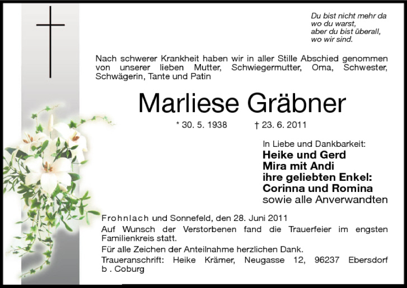  Traueranzeige für Marliese Gräbner vom 28.06.2011 aus MGO